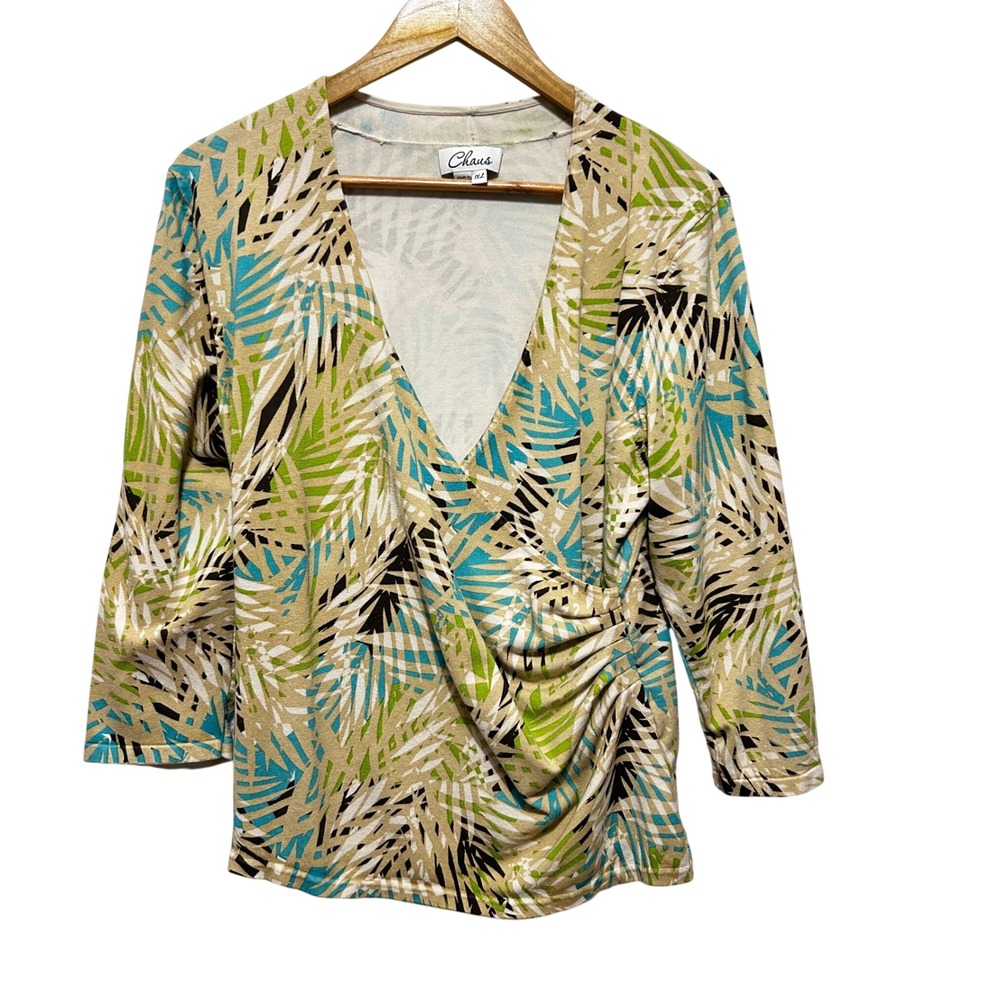 Chaus Womens Resort Coastal Tropical Palm Leaf Top XL Ruched Faux Wrap Drape